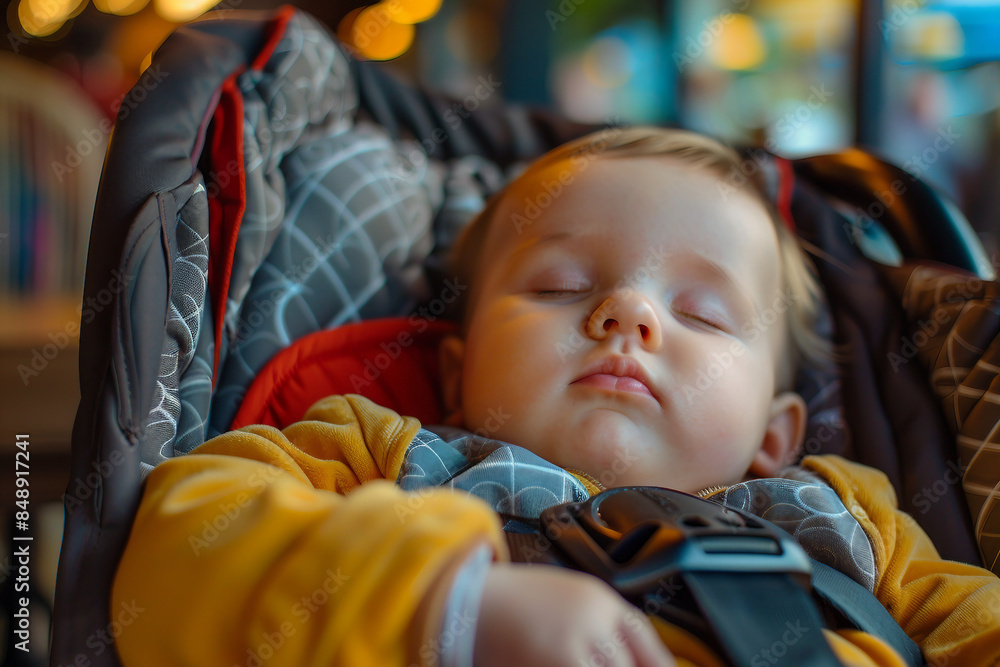Beautiful lovely baby in carriage or carseat spending family time traveling or promenading, Generative AI Beautiful lovely baby in carriage or carseat spending family time traveling or promenading, Generative AI