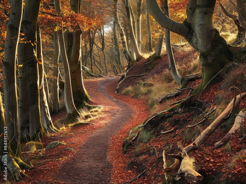 Winding path through an autumnal forest, with leaves in various shades of red and gold covering the ground, leading to ancient trees that cast long shadows on the rugged terrain. Winding path through an autumnal forest, with leaves in various shades of red and gold covering the ground, leading to ancient trees that cast long shadows on the rugged terrain.