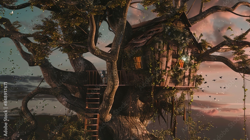 Obraz premium Wooden treehouse built into a giant tree on a floating island, vines trailing down, close-up shot, twilight ambiance. 