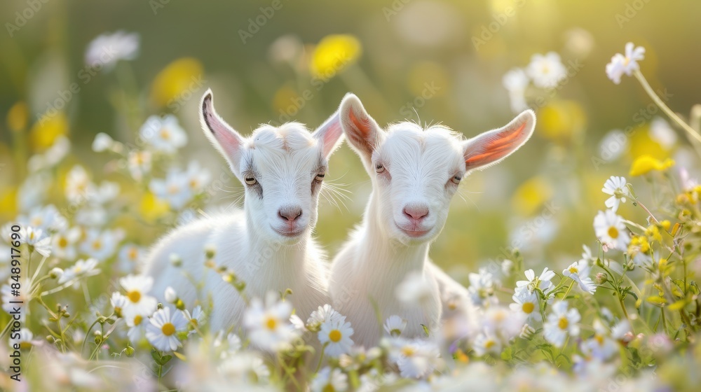 Two little funny baby goats playing in the field with flowers Two little funny baby goats playing in the field with flowers