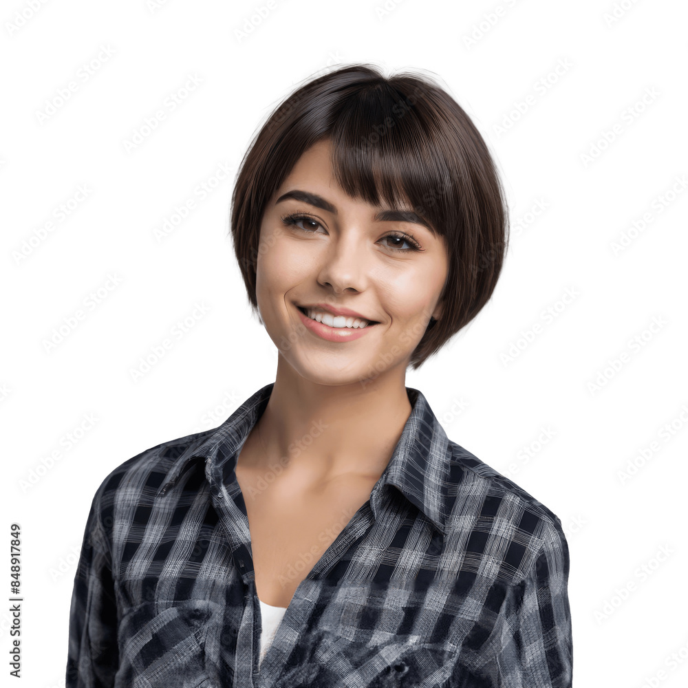 portrait of a smiling woman with short hair in shirt isolated on transparent background portrait of a smiling woman with short hair in shirt isolated on transparent background