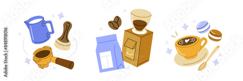 Coffee brewing equipment set. Collections of coffee grinder, portafilter, milk pitcher, tamper and other barista supplies for espresso making. Hand drawn doodle. Vector illustration.