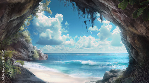 Fototapeta Naklejka Na Ścianę i Meble -  A beautiful beach scene with a large rock cave in the background