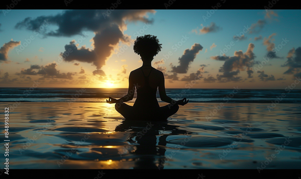 Fototapeta premium Silhouette of a woman meditating on the beach at sunset, with golden hour light. 