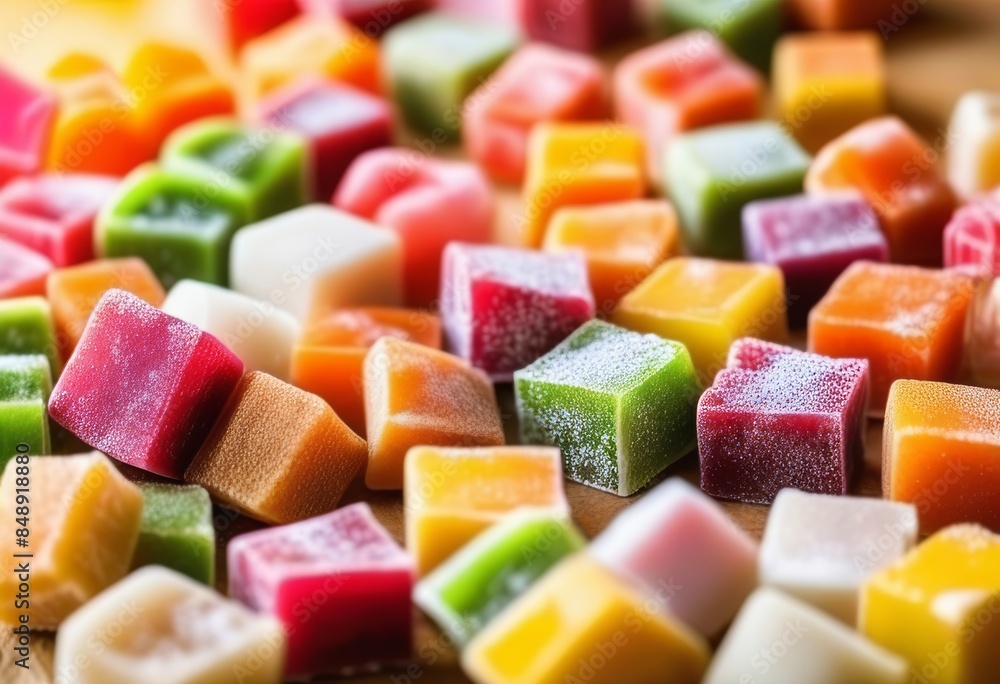 A variety of colorful Turkish Delight pieces on a plate with a traditional patterned background A variety of colorful Turkish Delight pieces on a plate with a traditional patterned background