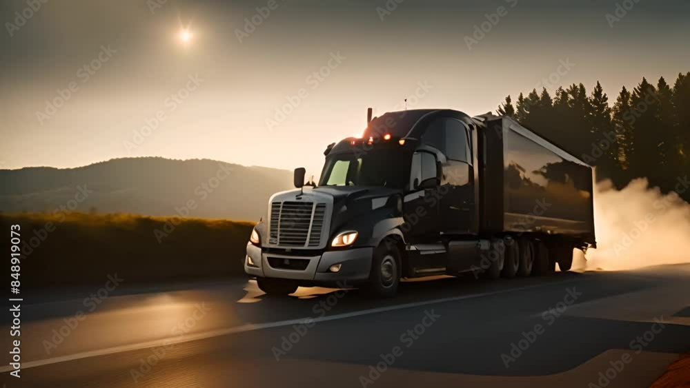 Semi-Truck Driving on Rural Highway at Sunset Generative AI Semi-Truck Driving on Rural Highway at Sunset Generative AI