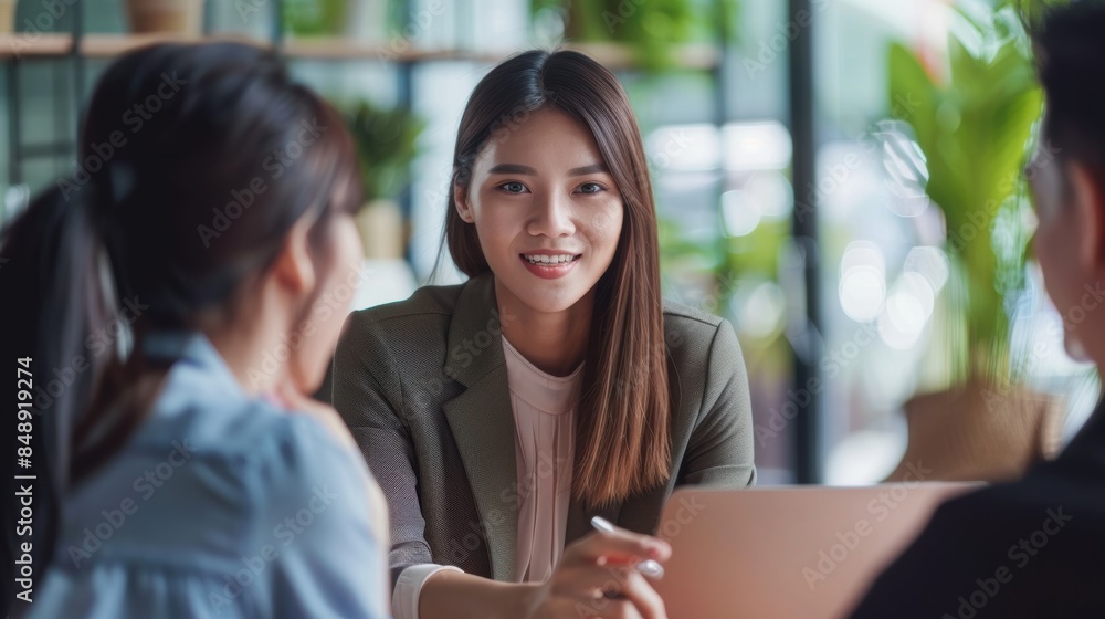 Young specialist sales explains to couple clients in office Young specialist sales explains to couple clients in office