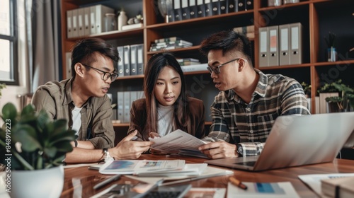 Young specialist sales explains to couple clients in office