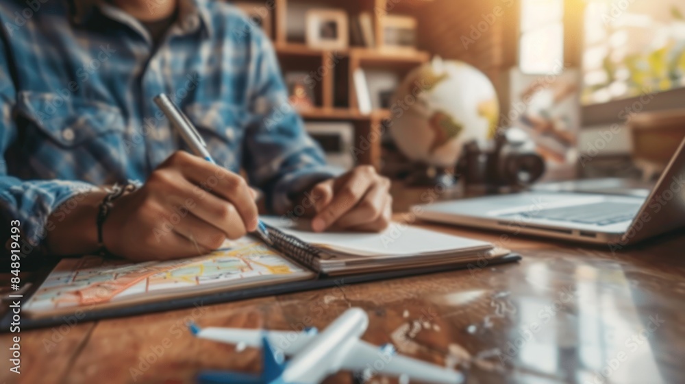 Close-up hand of a young man making travel planning, writing notes, and drawing a map in a notebook on a wooden table in a coffee shop, Travel, Trip vacation, Tourism concept. Close-up hand of a young man making travel planning, writing notes, and drawing a map in a notebook on a wooden table in a coffee shop, Travel, Trip vacation, Tourism concept.