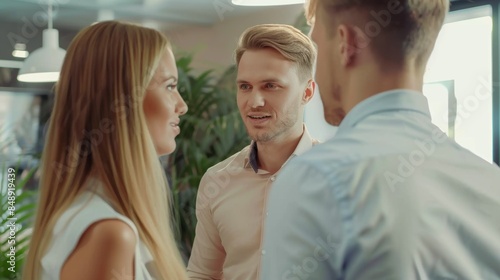 Young specialist sales explains to couple clients in office