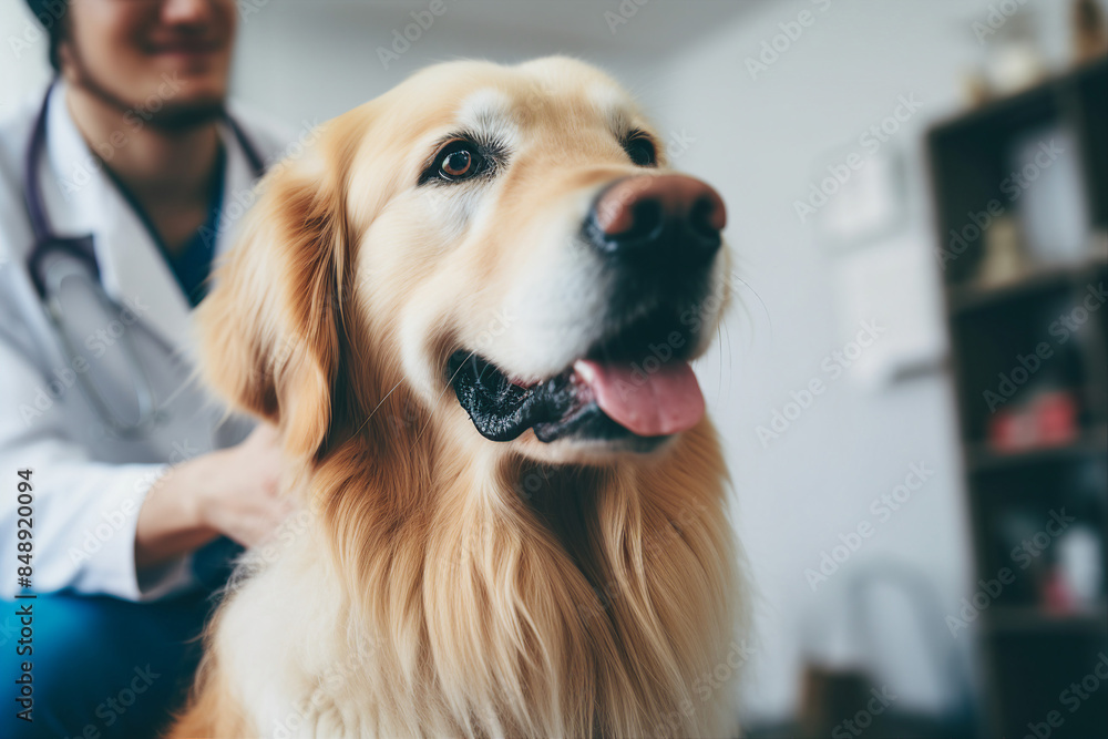 AI generated image of cute dog sitting in a veterinary clinic with vet doctor in a cabinet AI generated image of cute dog sitting in a veterinary clinic with vet doctor in a cabinet