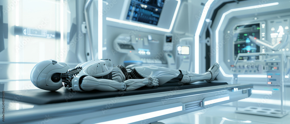 A sleek robotic figure is positioned on a medical table, surrounded by sophisticated equipment in a futuristic medical laboratory setting. A sleek robotic figure is positioned on a medical table, surrounded by sophisticated equipment in a futuristic medical laboratory setting.