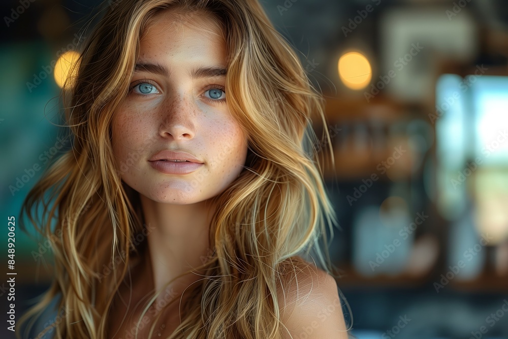 Portrait of a Young Woman With Blonde Hair and Blue Eyes in a Cafe Portrait of a Young Woman With Blonde Hair and Blue Eyes in a Cafe