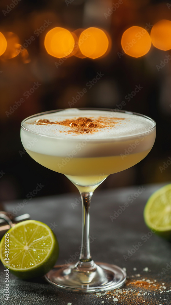 Pisco Sour cocktail in glass, refreshing colorful alcohol drink Pisco Sour cocktail in glass, refreshing colorful alcohol drink