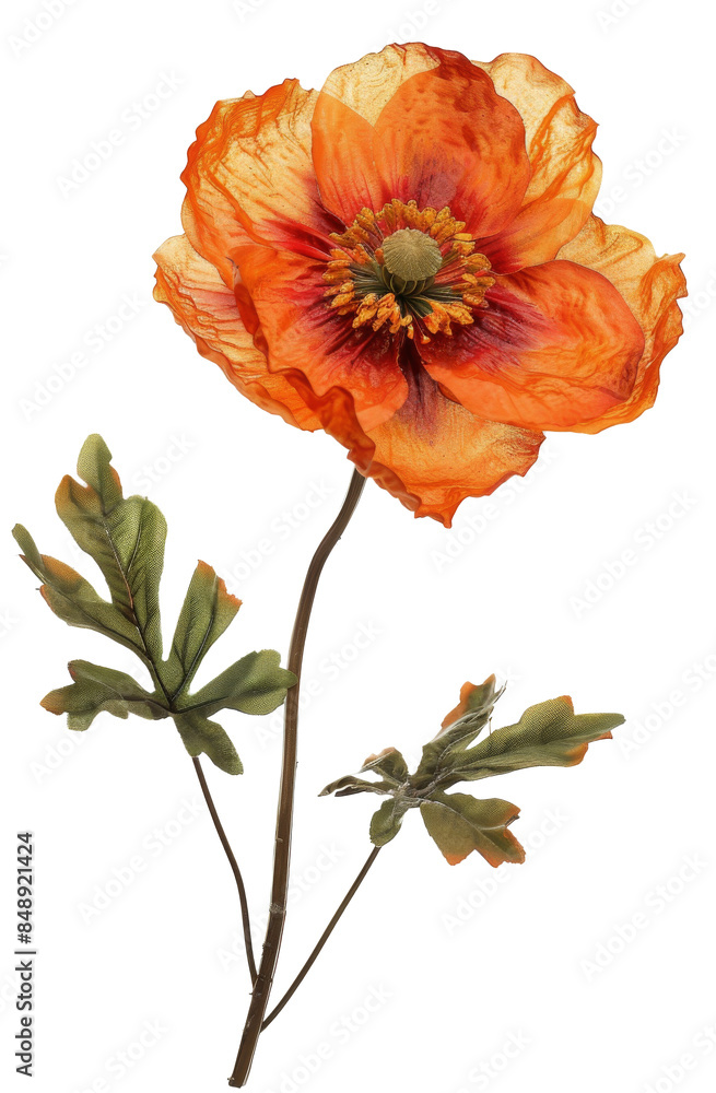 Single Orange Poppy Flower With Green Leaves on White Background Single Orange Poppy Flower With Green Leaves on White Background