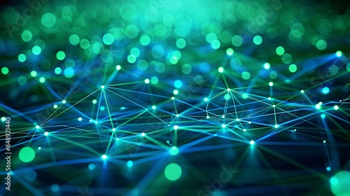Colorful abstract network background with glowing green and blue nodes and lines, representing digital connections and data exchange.