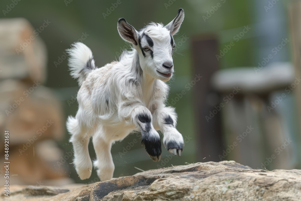 Baby Goat: A playful baby goat, or kid, jumping off a small rock in a rural farm setting. Baby Goat: A playful baby goat, or kid, jumping off a small rock in a rural farm setting.