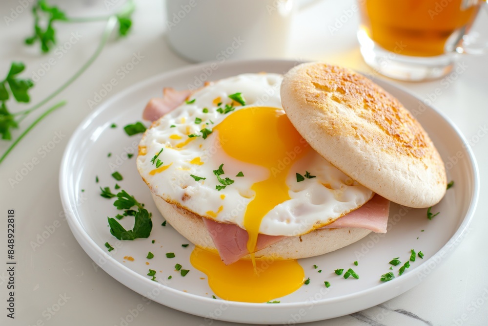Sunny side up egg and ham on an English muffin, garnished with parsley Sunny side up egg and ham on an English muffin, garnished with parsley