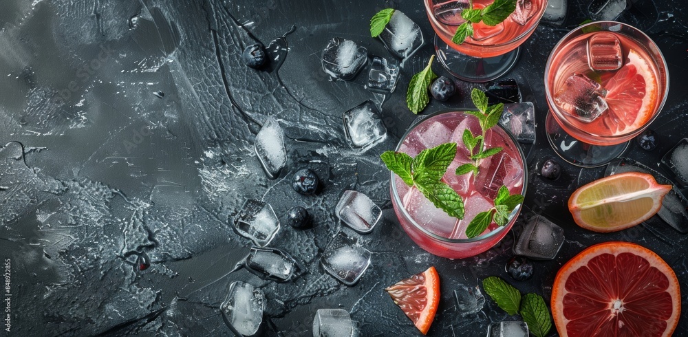 A refreshing cocktail with garnishes, served on a dark background A refreshing cocktail with garnishes, served on a dark background