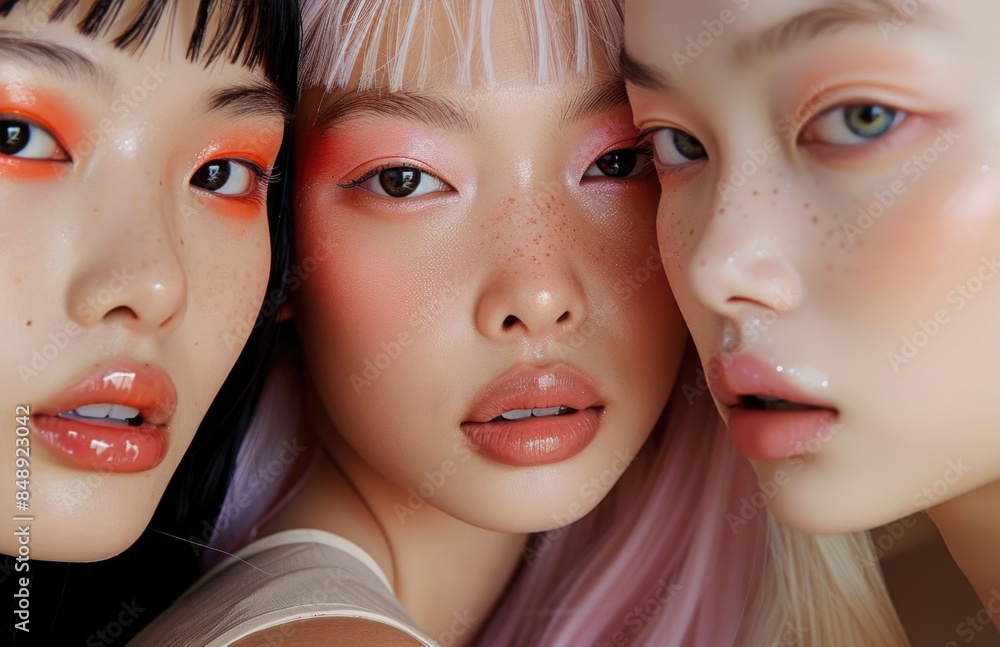 Vibrant Close-Up Portrait of Three Asian Women with Bold Makeup Vibrant Close-Up Portrait of Three Asian Women with Bold Makeup