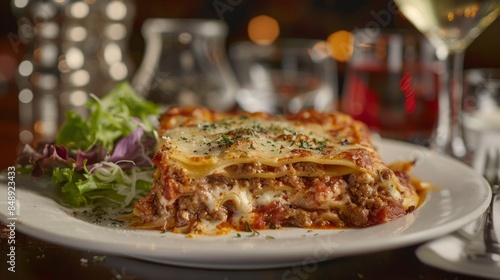 A plate of Italian lasagna, layers of pasta, meat sauce, and melted cheese, served with a side salad, warm and hearty atmosphere, photography, taken with a 35mm lens