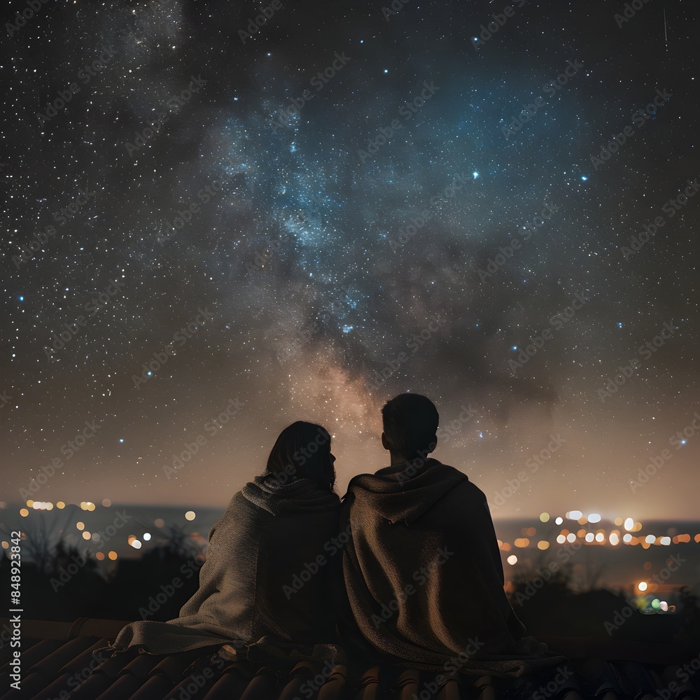Couple Stargazing Under the Captivating Night Sky from Cozy Rooftop Couple Stargazing Under the Captivating Night Sky from Cozy Rooftop