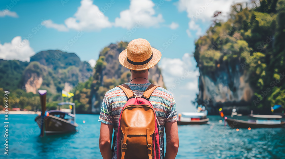 Obraz premium Back view of a tourist man with backpack at beautiful island