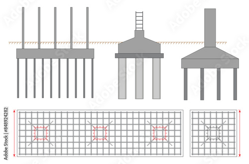Set of steel column foundation in reinforced concrete block. 3D Illustration