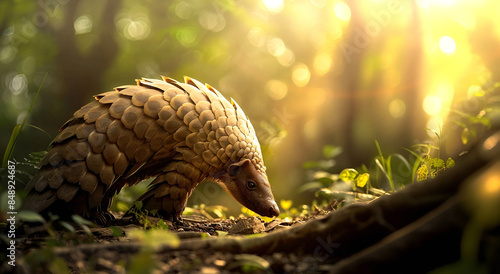 Pangolin in sunlit forest, copy space © Iryna