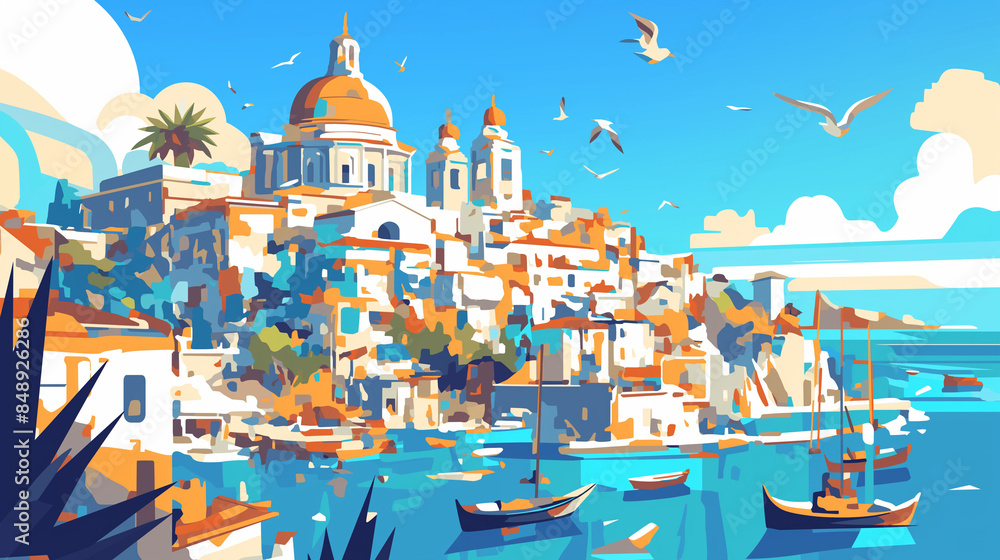 Obraz premium View of the cityscape with cathedral and seashore. Traveling, trip, journey, adventure concept.