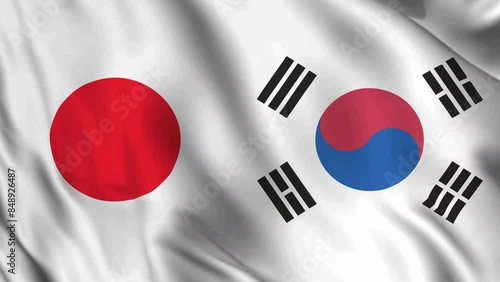 Horizontal waving Japan and South Korea Combined Flag video background. Realistic Slow Motion Animation. 4K Loop Motion Graphics. Japan and South Korea bilateral relations Concept photo