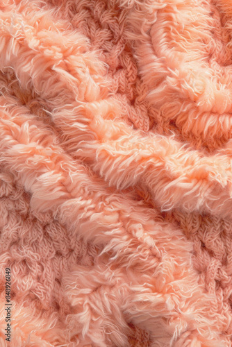Fur texture background in the color of the year Peach fuzz. Aesthetic minimalist photography for social media, faceless digital content marketing. © Porechenskaya