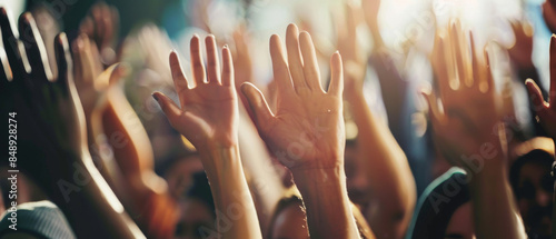 A vibrant crowd with hands raised high, basking in sunlight, showcasing a scene full of energy and unity.