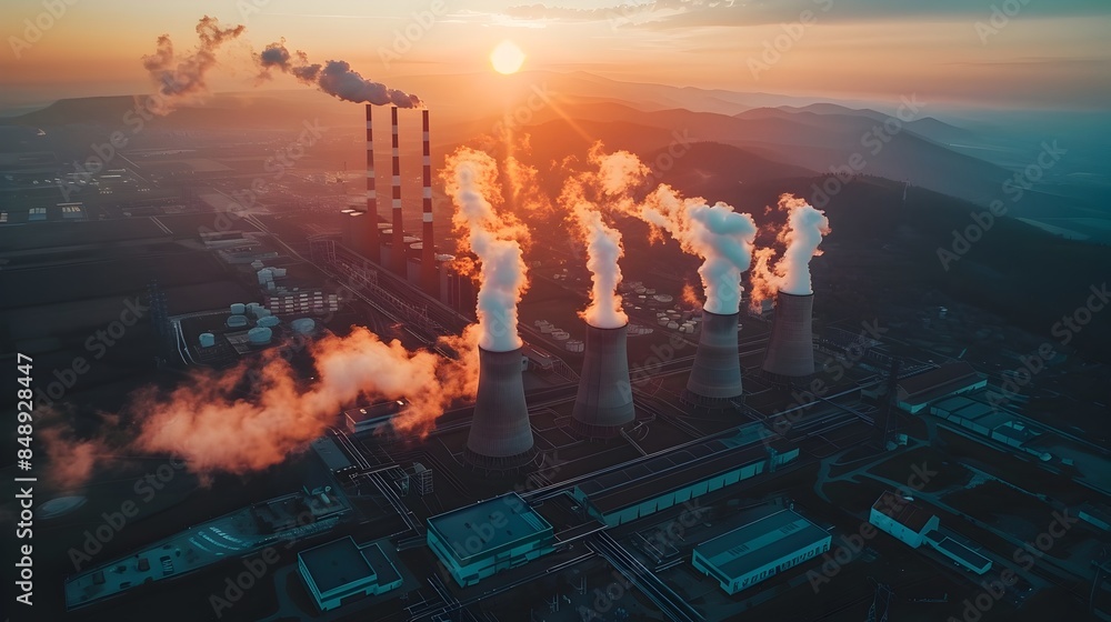 Obraz premium Aerial View of Industrial Energy Plant with Cooling Towers and Chimneys at Sunset