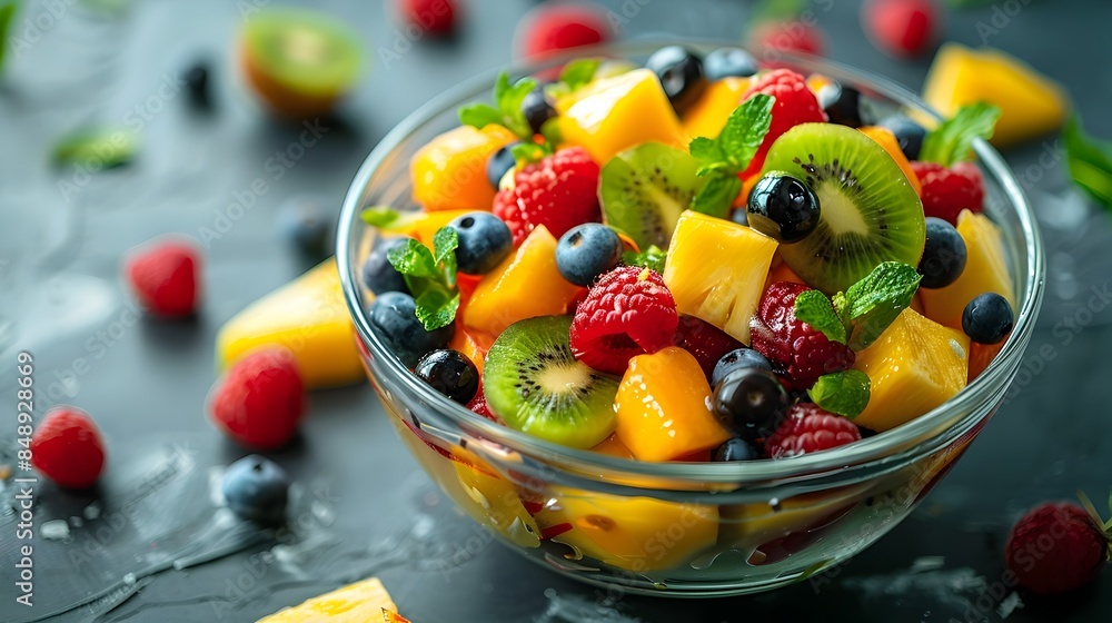 Vibrant and Flavorful Fruit Salad in Glass Bowl for Healthy Eating and Refreshing Snack Concept Vibrant and Flavorful Fruit Salad in Glass Bowl for Healthy Eating and Refreshing Snack Concept
