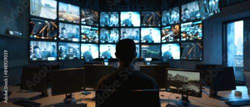 A person sits in front of an array of monitors in a high-tech control room, overseeing and managing complex systems with focused attention.