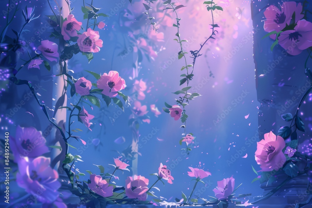 A serene and idyllic atmosphere with blooming flowers A serene and idyllic atmosphere with blooming flowers