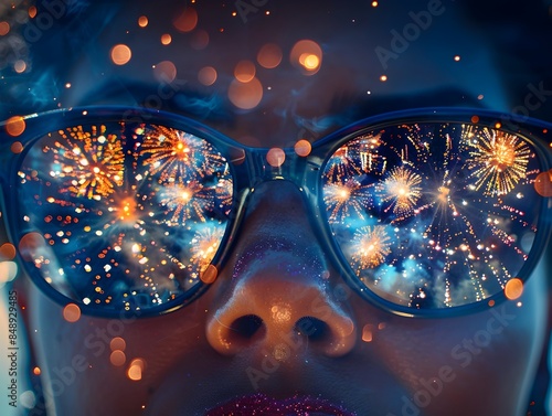 Fireworks Reflection Captured in Sunglasses Showcasing Vibrant Bokeh and Sparkling Lights photo