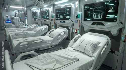 futuristic hospital ward equipped with advanced medical technologies like telemedicine and robotic-assisted surgery