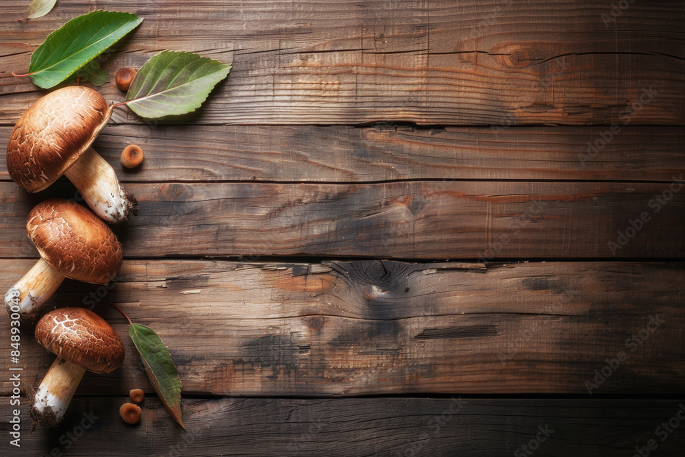 Porcini mushrooms on a rustic wooden background with copy space. Porcini mushrooms on a rustic wooden background with copy space.