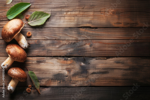 Porcini mushrooms on a rustic wooden background with copy space.