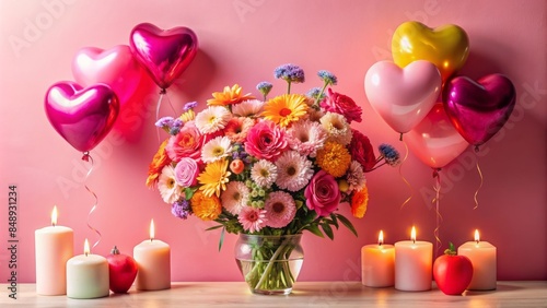 Vibrant bouquet of colorful flowers, heart-shaped balloons, and candles on a pastel pink background, exuding warmth and affection ðŸ’•ï¸ðŸ’—ï¸â¤ï¸.