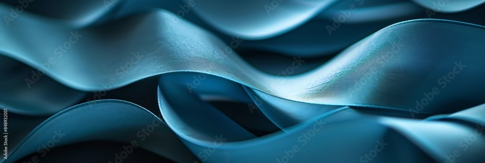 A closeup of blue ribbon with intricate curves and folds, set against a dark background, creating an abstract composition that suggests depth and movement. The focus is on the texture , 3:1 A closeup of blue ribbon with intricate curves and folds, set against a dark background, creating an abstract composition that suggests depth and movement. The focus is on the texture , 3:1