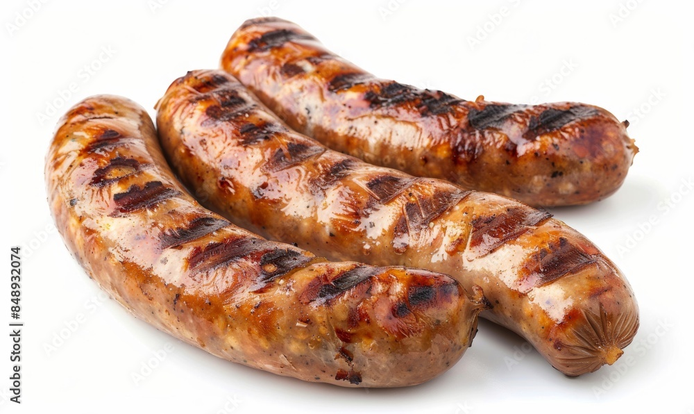 Grilled bratwurst pork sausages on a barbecue grill, isolated on white background Grilled bratwurst pork sausages on a barbecue grill, isolated on white background