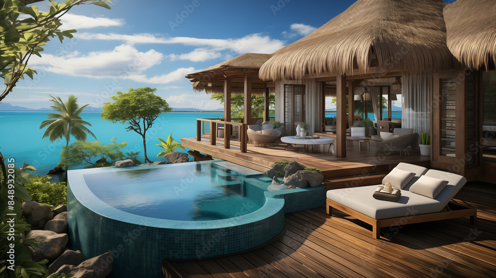 Fototapeta premium Stunning overwater villa with terrace views, sun beds, and chairs under an umbrella. Luxurious hotel pool with breathtaking ocean views, a serene spa and wellness center, a tranquil vacation resort.