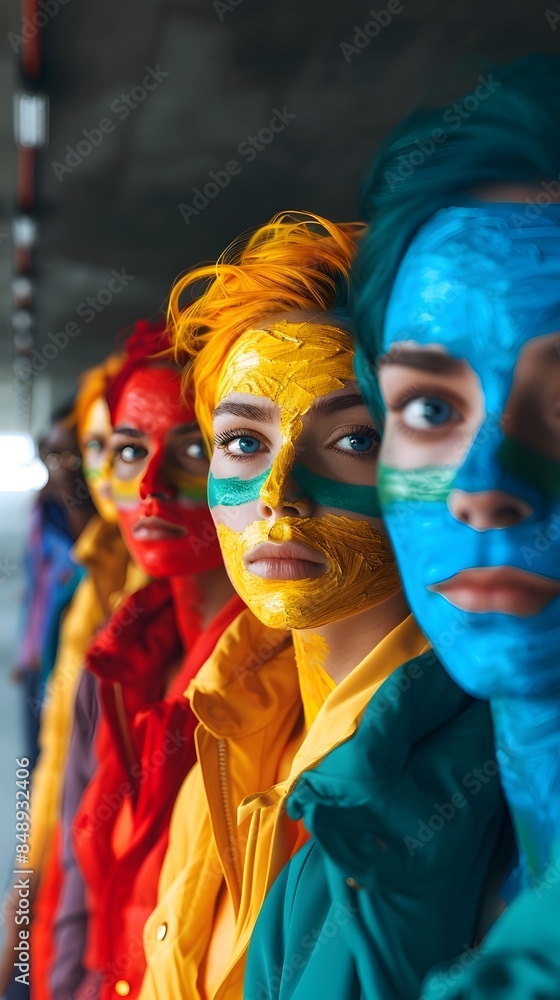 Obraz premium Vibrant Rainbow Face Painted Portraits Showcasing Creativity and Diversity