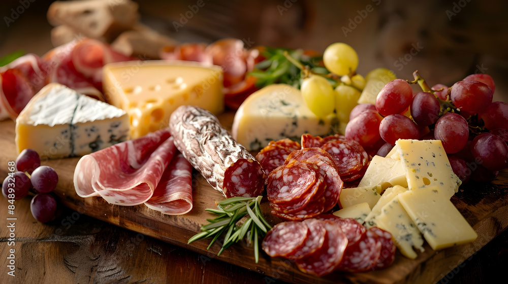 Close-up of a rustic charcuterie board with various cheeses, meats, and grapes, studio lighting highlighting the rich textures