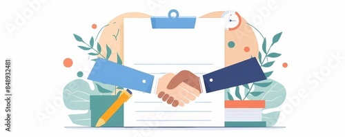 a handshake over a contract clipart, business agreement element, professional illustration, formal, isolated on white background