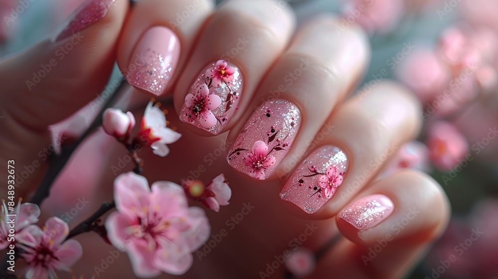 Elegantly manicured hand sporting pink and floral nail art in natural light Elegantly manicured hand sporting pink and floral nail art in natural light