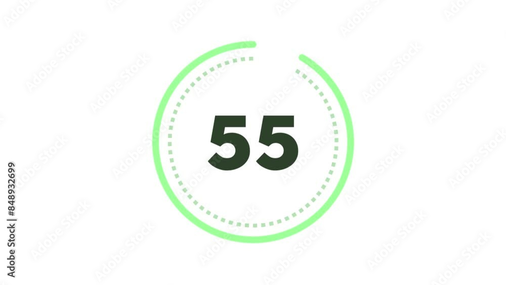 60 seconds (1 minute) dashed (dotted) circle countdown. Mint Green on White background. Big circle with inner dashed (dotted) line countdown timer. Stylish simple design. 4K Motion Graphics. Element. 60 seconds (1 minute) dashed (dotted) circle countdown. Mint Green on White background. Big circle with inner dashed (dotted) line countdown timer. Stylish simple design. 4K Motion Graphics. Element.